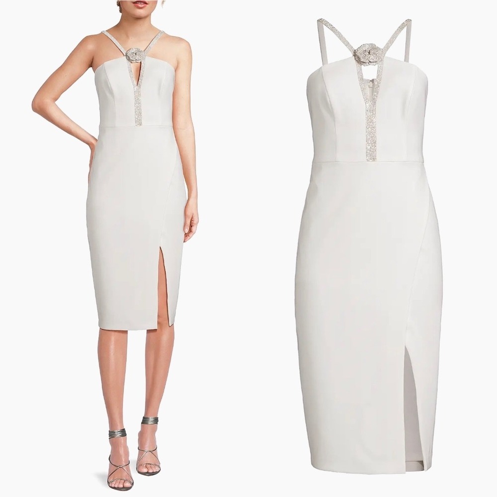 NWT Liv Foster Crystal Trim Sheath Cocktail Midi Dress in White - Size 0